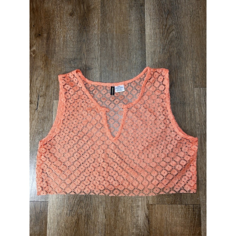 Manhattan Blues Coral Open-Crochet Sheer Beach Babe Crop Tank Top L